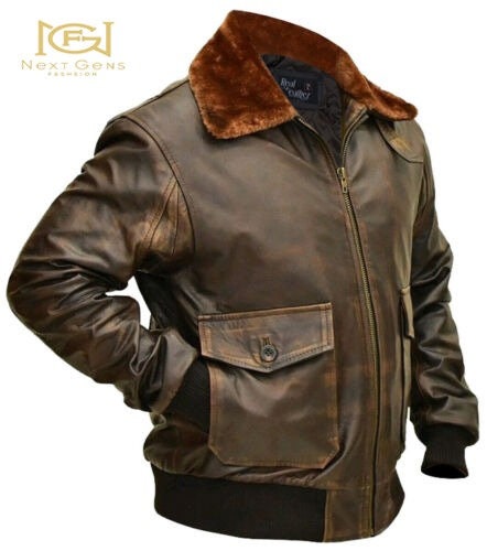 Brown Real Cowhide Leather Fur Collar Bomber Pilot Jacket./Real Brown Distressed Handmade Leather Bomber Jacket.