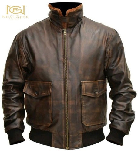 Brown Real Cowhide Leather Fur Collar Bomber Pilot Jacket./Real Brown Distressed Handmade Leather Bomber Jacket.