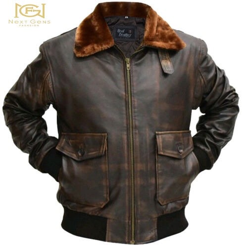 Brown Real Cowhide Leather Fur Collar Bomber Pilot Jacket./Real Brown Distressed Handmade Leather Bomber Jacket.