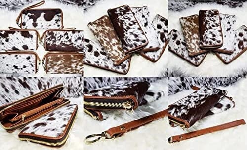 Women Cowhide Wallet Clutch Slim Wallet Zipper Wristlet  hair On  Leather Zipper Purse Real Cow Hide Fur Purse Wallet Handbag Gifts for Her