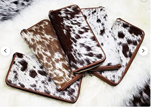 Women Cowhide Wallet Clutch Slim Wallet Zipper Wristlet  hair On  Leather Zipper Purse Real Cow Hide Fur Purse Wallet Handbag Gifts for Her