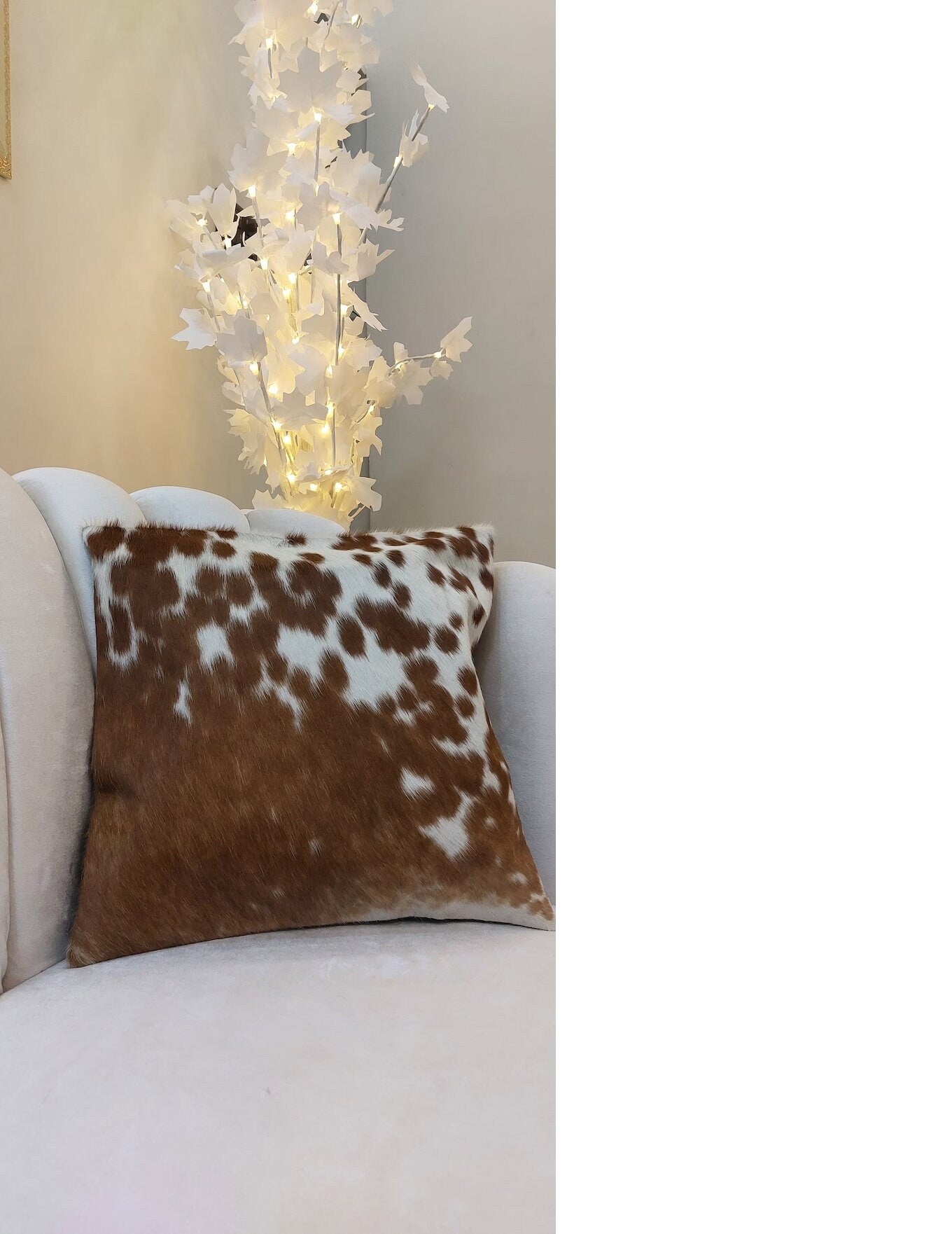 Set of 2 Brown White Salt and Pepper Cowhide Pillow Covers Cow Skin Cushion Covers 16" x 16" Cow Hide Pillow Cover